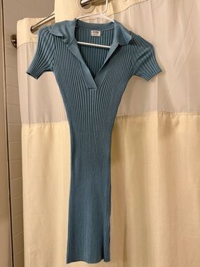 Cotton On Ribbed Midi Polo Dress in Dusty Blue